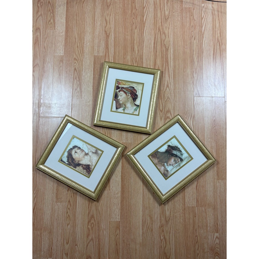 Set of 3 Renaissance Fresco Style Framed Art Prints Gold Ornate Frames 15x13